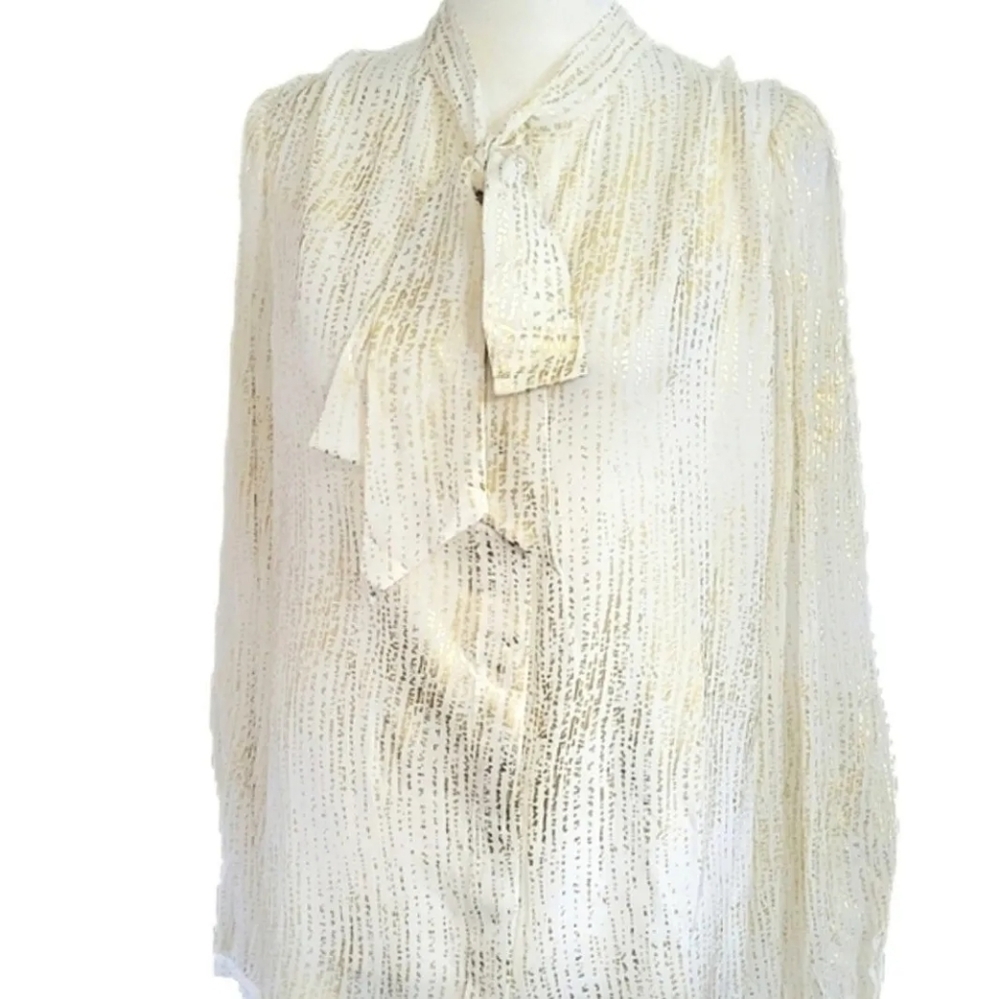 7 For All Mankind Tie Neck Silk Blouse Ivory & Gold, Relaxed fit, Sz M 🔥NWT